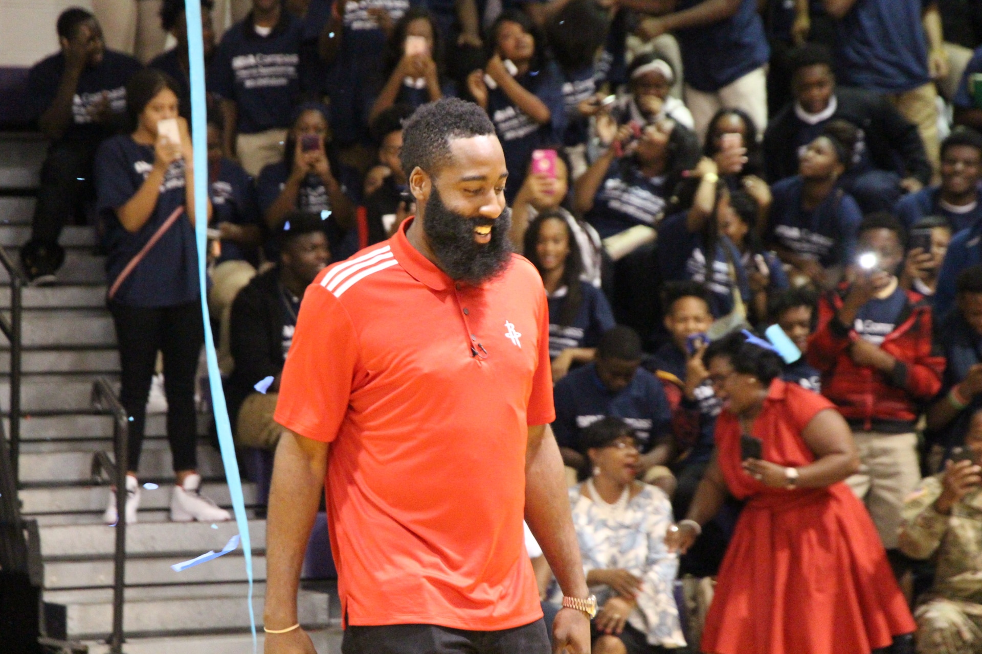 BBVA Compass brand ambassador James Harden made a surprise appearance at a high school prep rally in Birmingham, Ala. james-harden-surprises-Birmingham-students